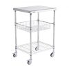 VEVOR Kitchen Utility Cart, 3 Tiers, Wire Rolling Cart with 470LBS Capacity, Steel Service Cart on Wheels, Metal Storage Trolley with 76mm Basket Curved Handle PP Liner 6 Hooks, for Indoor and Outdoor