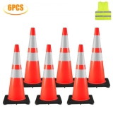 VEVOR 6Pack 36″ Traffic Cones, Safety Road Parking Cone with Black Weighted Base, PVC Orange Traffic Safety Cones, Hazard Cones Reflective Collars for Construction Traffic Parking”