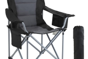 VEVOR Camping Folding Chair for Adults, Portable Heavy Duty Outdoor Quad Lumbar Back Padded Arm Chairs with Side Pockets, Cup Holder and Cooler Bag for Beach, Lawn, Picnic, Fishing, Backpacking, Black