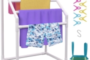 VEVOR Pool Towel Rack, 5 Bar, White, Freestanding Outdoor PVC Trapedozal Poolside Storage Organizer, Include 8 Towel Clips, Mesh Bag, Hook, Also Stores Floats and Paddles, for Beach, Swimming Pool