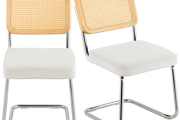 VEVOR Rattan Chairs, Set of 2, Mid Century Modern Dining Chair, Upholstered Velvet Accent Chair with Rattan Back, Retro Dining Room Kitchen Chair for Living Room, Bedroom, Reading Room, Office, White