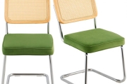 VEVOR Rattan Chairs, Set of 2, Mid Century Modern Dining Chair, Upholstered Velvet Accent Chair with Rattan Back, Retro Dining Room Kitchen Chair for Living Room, Bedroom, Reading Room, Office, Green