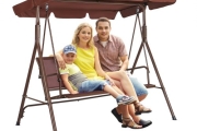VEVOR 3-Seat Patio Swing Chair, Outdoor Patio Swing with Adjustable Canopy, Porch Swing with Armrests, Teslin Fabric and Alloy Steel Frame, for Balcony, Backyard, Patio, Garden, Poolside, Brown